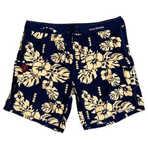 Maui Rippers Hawaiian Floral Board Shorts Mens Size 48 Navy Blue Hibiscus Print